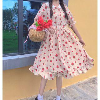 Elbow-sleeve Printed Midi A-line Dress As Shown In Figure - One Size