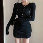 Button Pocket-detail Bodycon Long-sleeve Dress