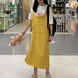 Pig Print Short-sleeve T-shirt / Pocket Detail Midi Pinafore Dress