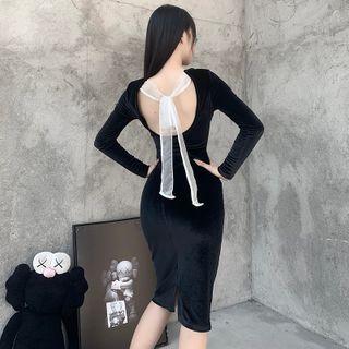 Long-sleeve Open Back Velvet Midi Dress