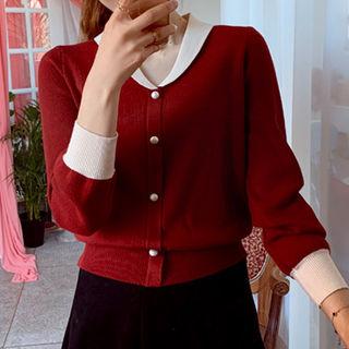 Contrast-trim Faux-pearl Knit Top