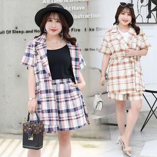 Set: Short-sleeve Plaid Double Breasted Blazer + Shorts