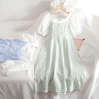 Short-sleeve Plaid Paneled Midi A-line Dress