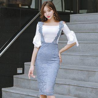 Set: Off-shoulder Elbow-sleeve Top + Lace Suspender Pencil Skirt