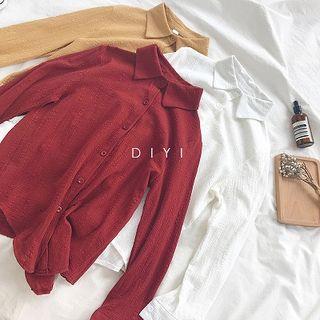 Plain Single-breasted Frilled Long-sleeve Top