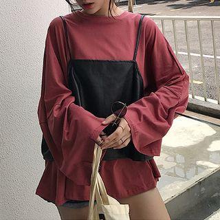 Set: Long-sleeve T-shirt + Spaghetti Strap Faux Leather Top