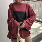 Set: Long-sleeve T-shirt + Spaghetti Strap Faux Leather Top