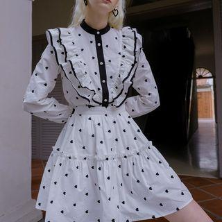 Set: Puff-sleeve Heart Embroidered Ruffled Blouse + A-line Skirt