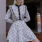 Set: Puff-sleeve Heart Embroidered Ruffled Blouse + A-line Skirt