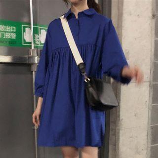 Plain 3/4-sleeve Collared Shift Dress