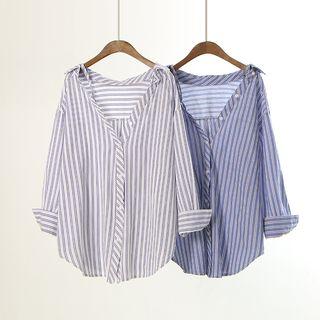 Off Shoulder V-neck Striped Blouse