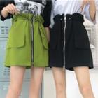 Paperbag-waist Zip-up A-line Skirt