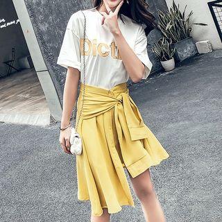Set: Short-sleeve Lettering T-shirt + Mini Asymmetric Skirt