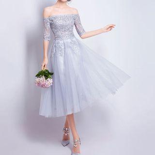 Elbow-sleeve Lace Midi Cocktail Dress
