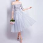 Elbow-sleeve Lace Midi Cocktail Dress