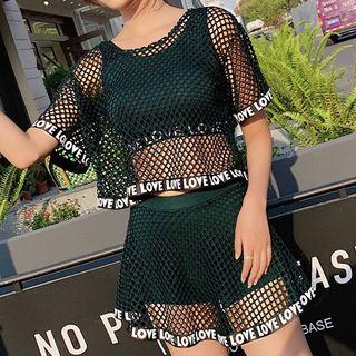 Set: Short-sleeve Mesh Cover-up + Lettering Tankini Top + Mesh Swim Skirt