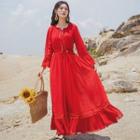 Bell-sleeve Mesh A-line Maxi Dress