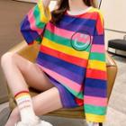 Long-sleeve Rainbow Striped Printed T-shirt
