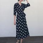 Elbow-sleeve Dotted A-line Midi Dress Black - One Size