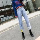 Frayed Hem Letter Cropped Straight Fit Jeans