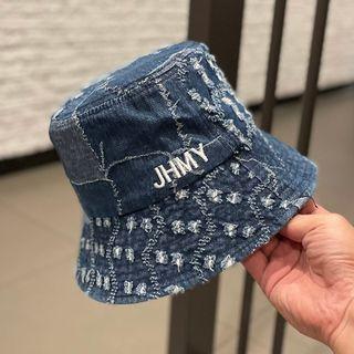 Lettering Embroidered Distressed Denim Bucket Hat