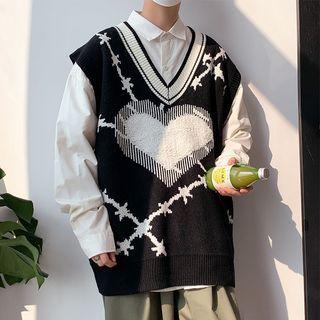 V-neck Heart Embroidered Oversized Knit Vest