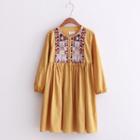 Long-sleeve Embroidery Shirred Dress