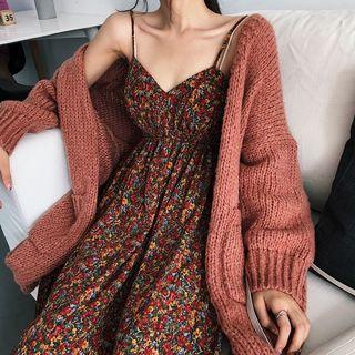 Plain Loose-fit Cardigan / Floral Sleeveless Dress