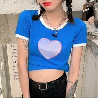Heart Print Short-sleeve T-shirt Sapphire Blue - One Size