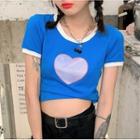 Heart Print Short-sleeve T-shirt Sapphire Blue - One Size