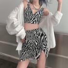 Plain Shirt / Zebra Print Cropped Camisole / Irregular Hem Mini Pencil Skirt