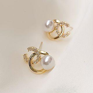 Faux Pearl Stud Earring 1 Pair - 925 Silver Needle - Faux Pearl - Gold - One Size