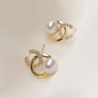 Faux Pearl Stud Earring 1 Pair - 925 Silver Needle - Faux Pearl - Gold - One Size