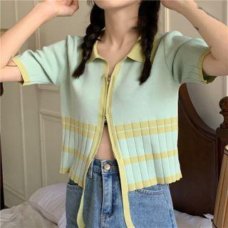 Short-sleeve Zip Up Knit Top Green - One Size