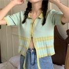 Short-sleeve Zip Up Knit Top Green - One Size
