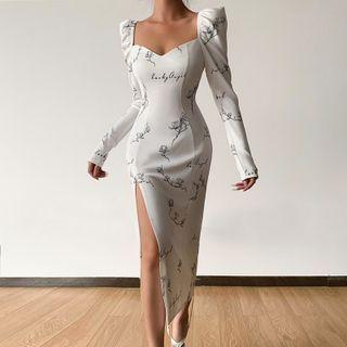 Long-sleeve Lettering Maxi Sheath Dress