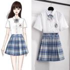 Set: Short-sleeve Shirt+ Plaid Pleated Mini A-line Skirt