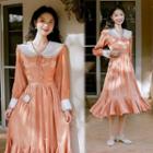 Long-sleeve Collar Satin Midi A-line Dress