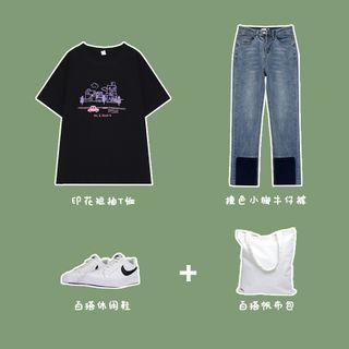 Short-sleeve Cartoon Print T-shirt / Paneled Straight-cut Jeans
