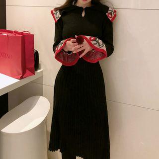 Bell-sleeve Floral Panel Midi A-line Pleated Knit Dress