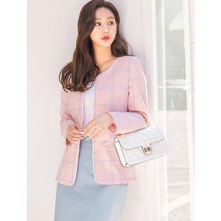 Plus Size Open-front Linen Plaid Jacket