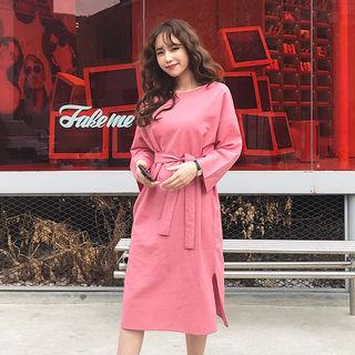 Round-neck Slit-hem Dress With Sash