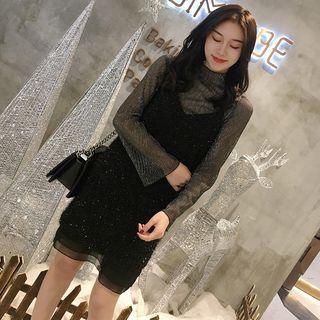 Mock-neck Long-sleeve Top / V-neck Spaghetti Strap Dress