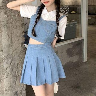 Denim Camisole Top / Pleated Mini Skirt