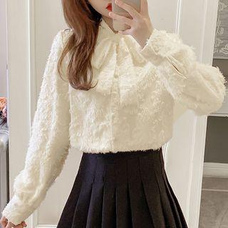 Tie-neck Faux Pearl Fringed Blouse