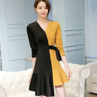 Colorblock Asymmetric A-line Dress With Sash