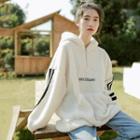 Contrast Trim Letter Embroidered Fleece Hoodie