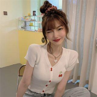 Cherry Embroidered Short-sleeve V-neck Cropped Cardigan