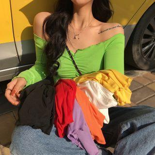 Off-shoulder Long-sleeve Shirred Cropped T-shirt / Belt
