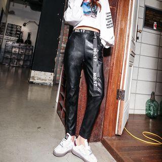 Lettering Applique Faux Leather Pants